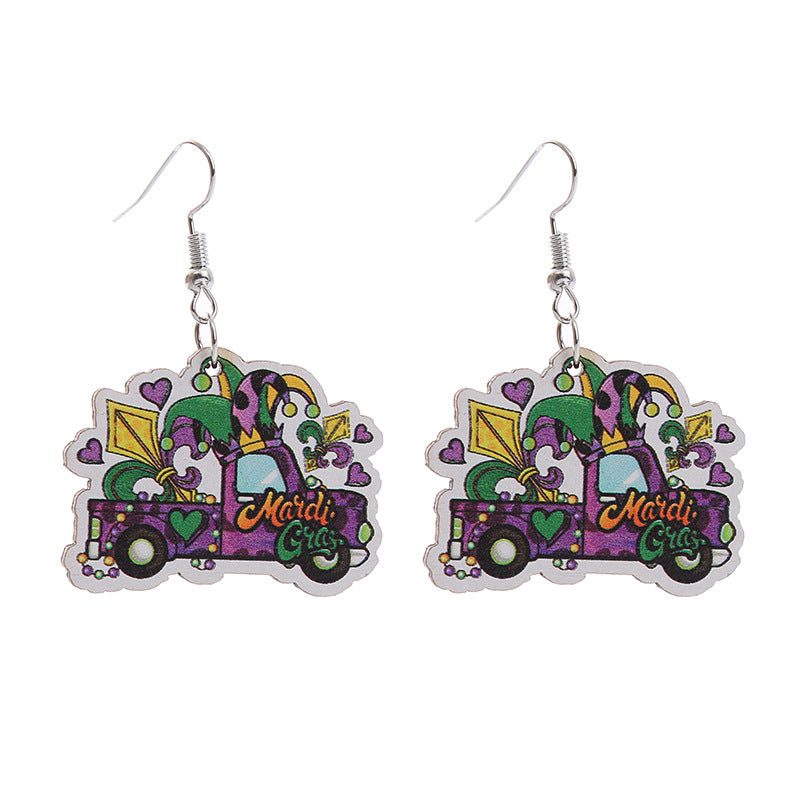 Wholesale Carnival Rainbow Truck Clown Hat Wooden  Mardi Gras Earrings